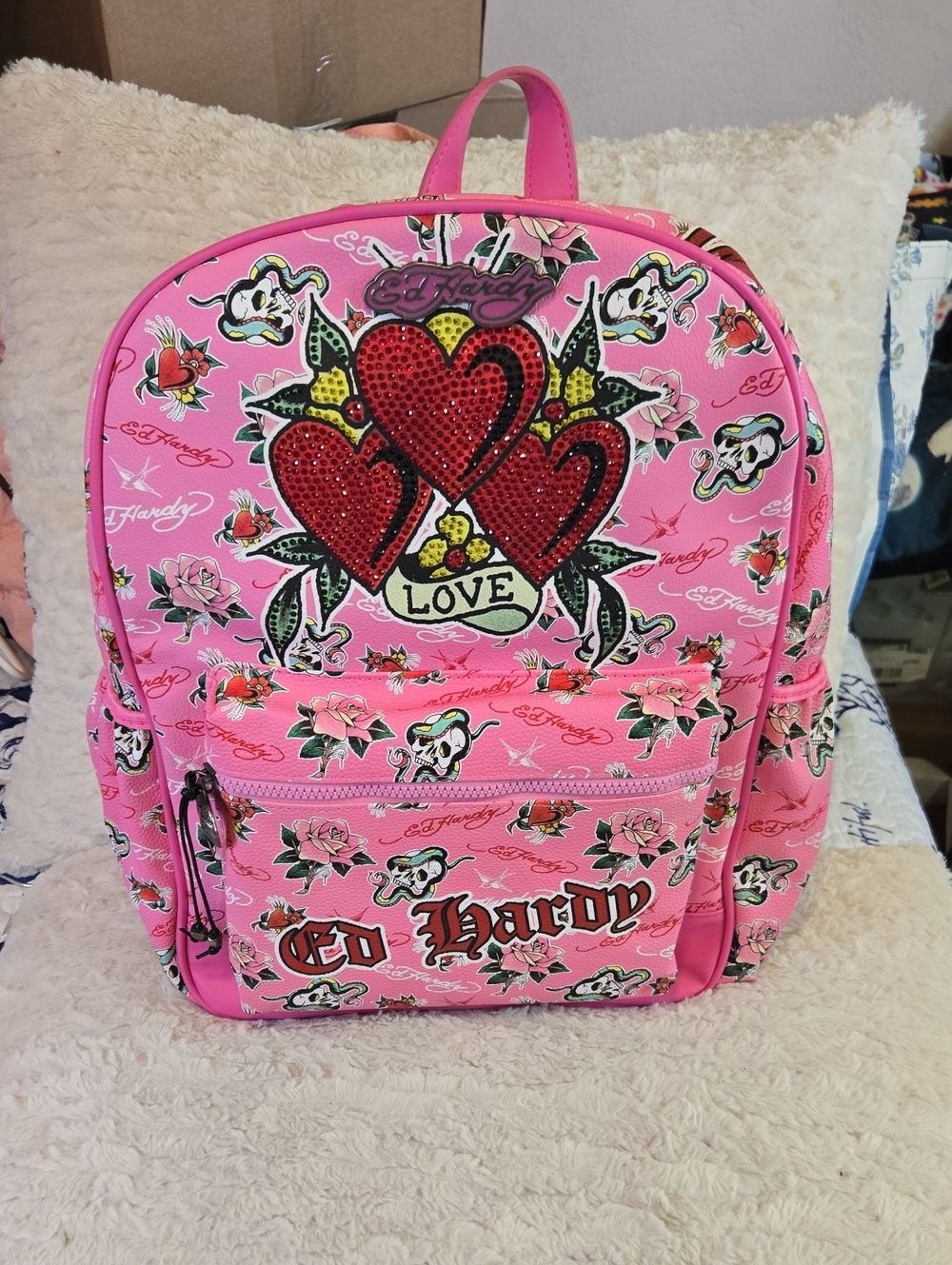 Ed Hardy Pink 'Love Hearts' Large Backpack NWOT
